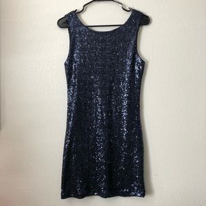 Navy blue fitted sequined party dress
